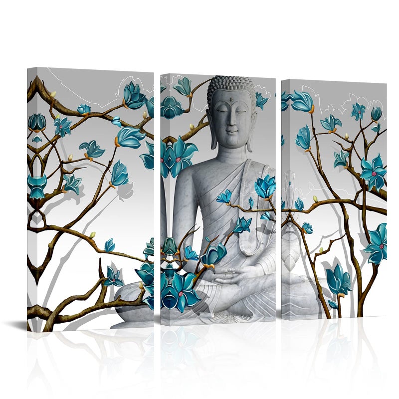 Visual Art Decor 3 Pieces Buddha Wall Art Buddha Statue with Abstract Blue Flowers Painting Canvas Prints for Living Room Bedroom Office Large Picture Decoration - Image 1